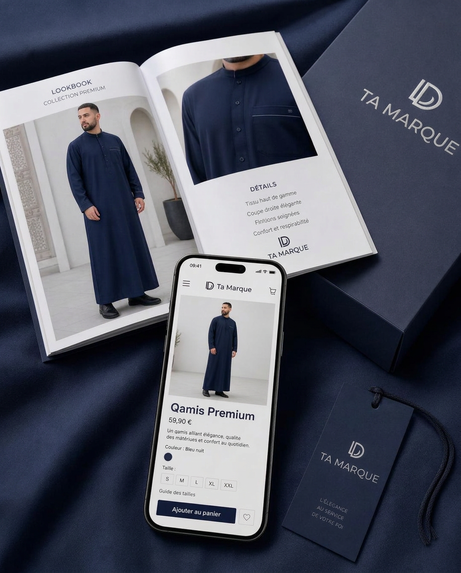 Fiche produit Deenar de qamis premium sur iPhone, lookbook imprimé et packaging bleu nuit