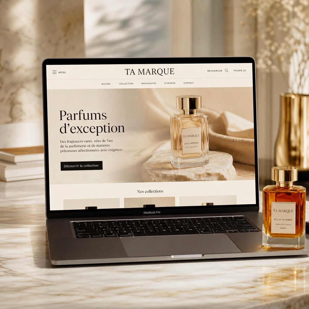 Boutique en ligne Deenar de parfums d'exception affichée sur un MacBook